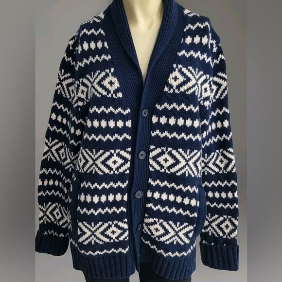 Banana Republic Men’s Blue Chunky Knot Fair Isle Cardigan XL Wool Shawl Collar - Picture 1 of 9